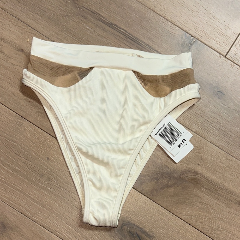 L space ivory Ribbed High-Cut Bikini Bottom with mesh insert XS NWT